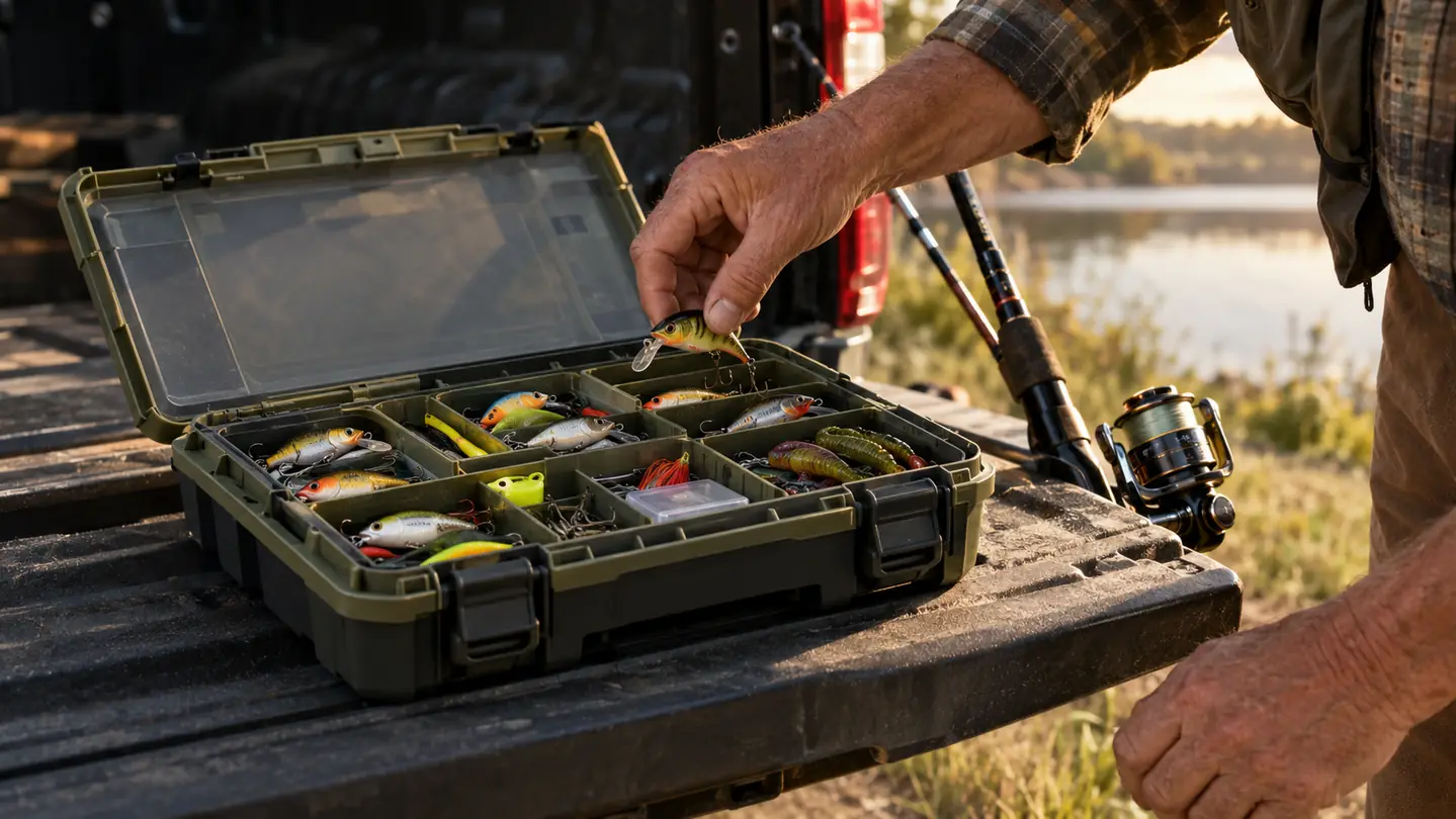 A hand reaches into an open tackle box and picks out a crankbait, the box resting on a pickup truck tailgate with a rod leaning nearby