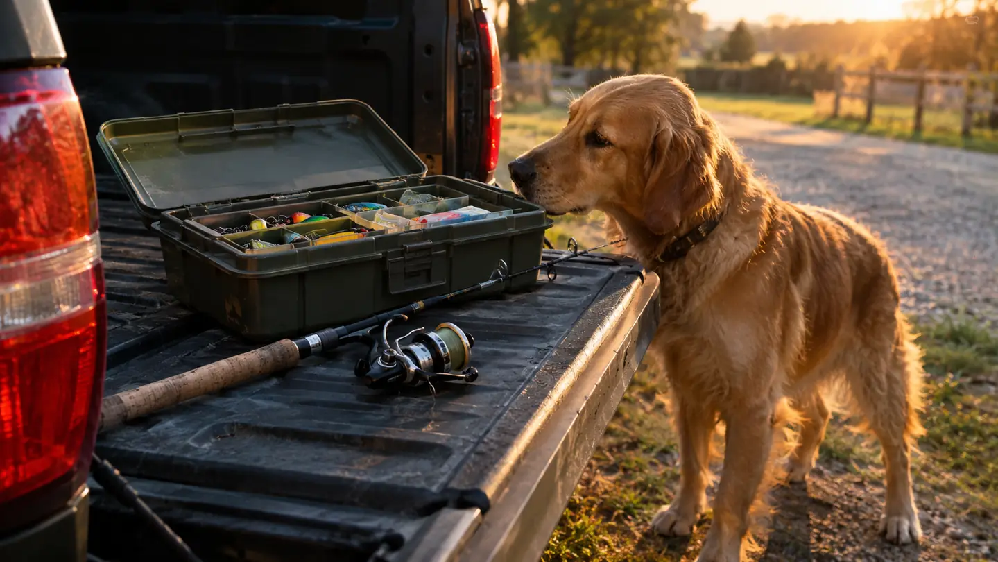 An open tackle box sits on a pickup tailgate beside a rod and reel while a large dog sniffs at it in late afternoon light