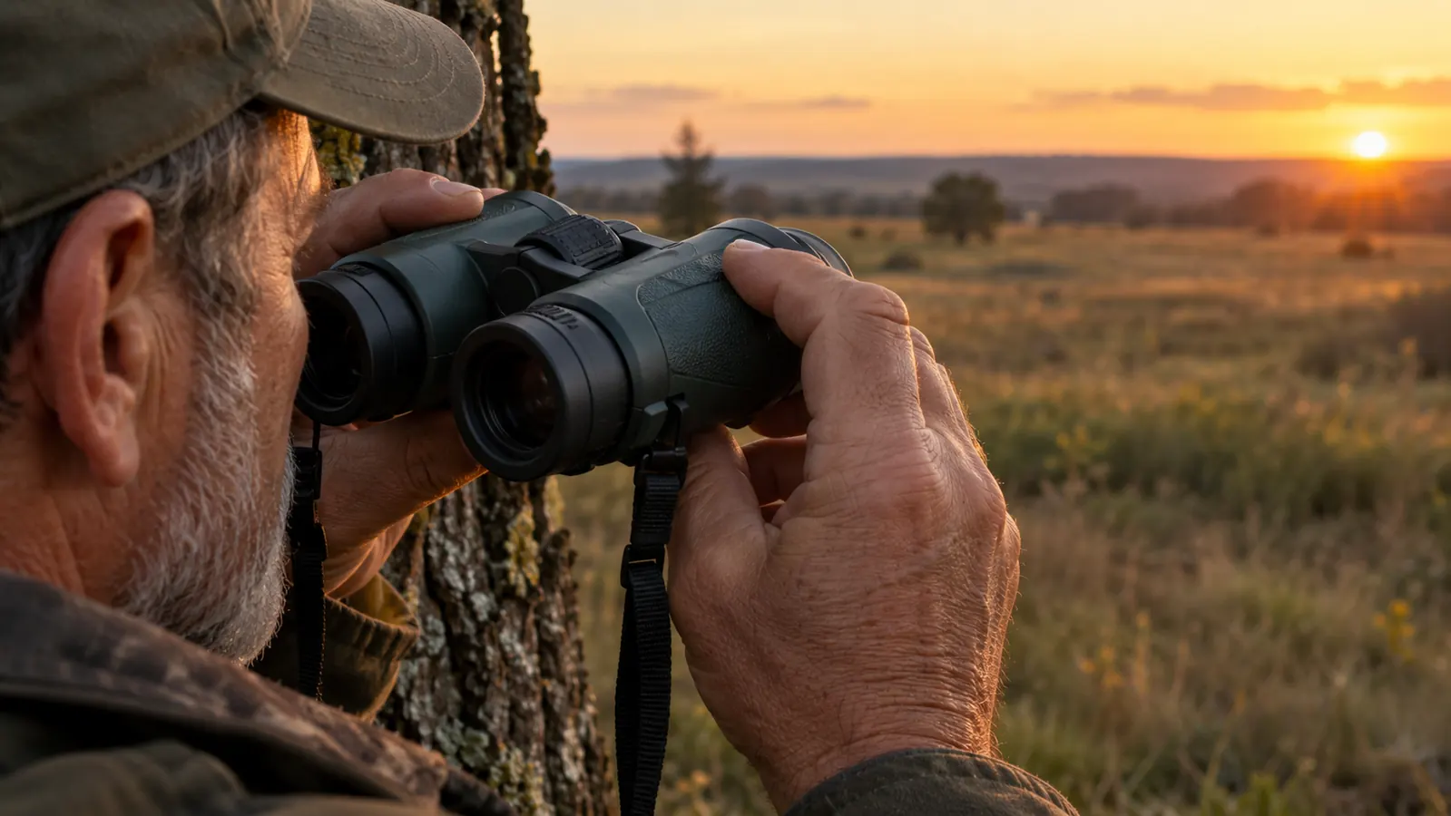 Hands holding a pair of binoculars steady against a tree trunk while glassing a field in late afternoon light.