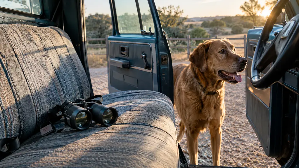 A pair of binoculars resting on the seat of an older pickup truck with a large dog waiting by the open door.