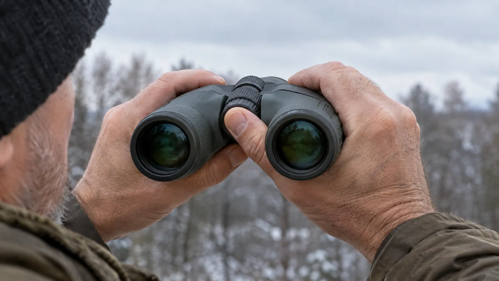Close view of hands adjusting the focus wheel of the binoculars, a blurred tree line in the background