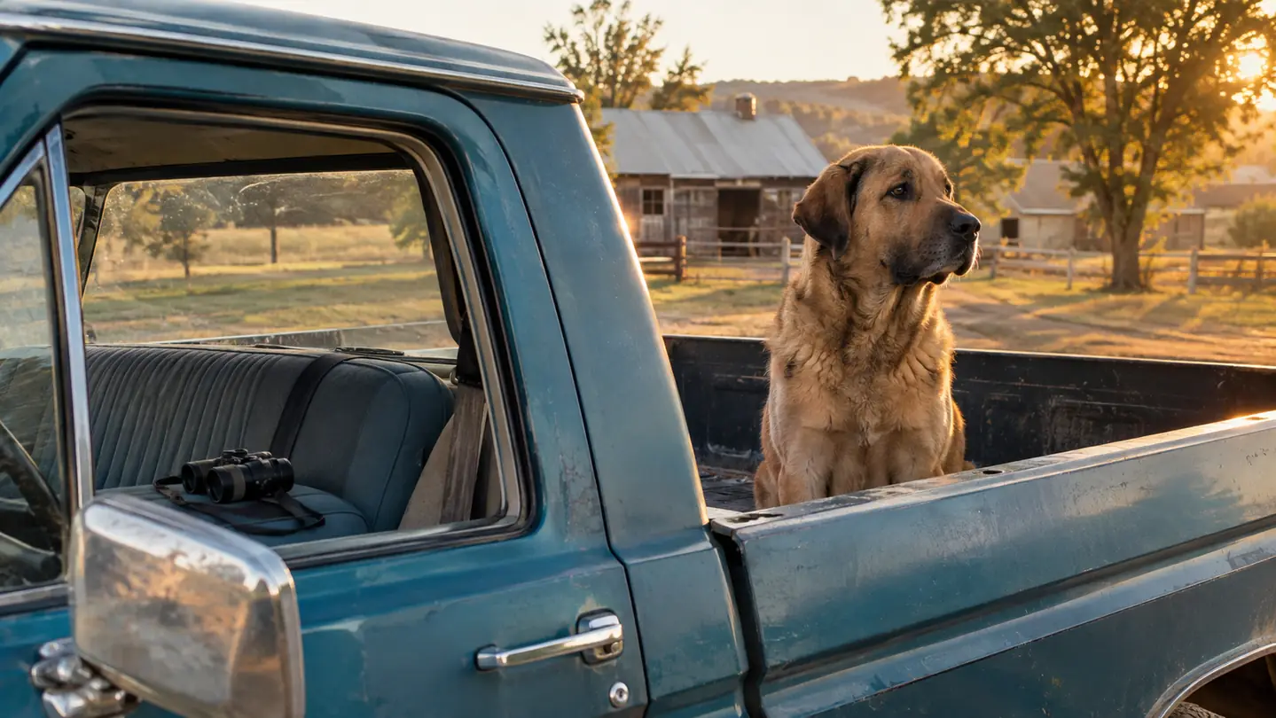 A large dog sitting in the bed of an older pickup truck, a pair of binoculars resting on the seat beside it, late afternoon light