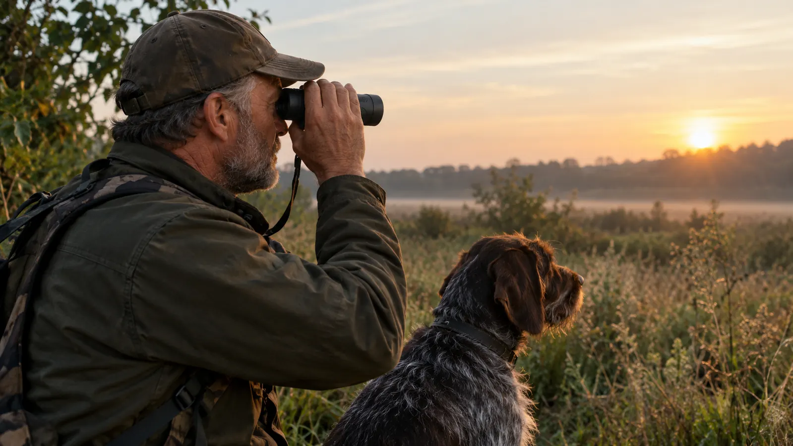 A hunter holding a pair of binoculars to his eyes while standing at the edge of a field in early morning light