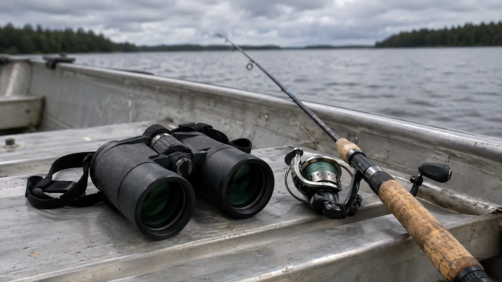 A pair of binoculars lying on the seat of a jon boat next to a fishing rod, lake water in the background