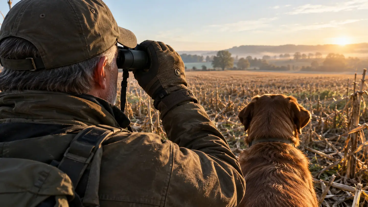 A gloved hand raising binoculars to the eyes while a large dog waits at heel in a cut cornfield