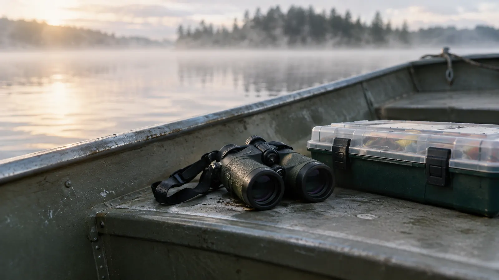 Binoculars lying on the bench seat of a small aluminum jon boat next to a tackle box, with mist on the water